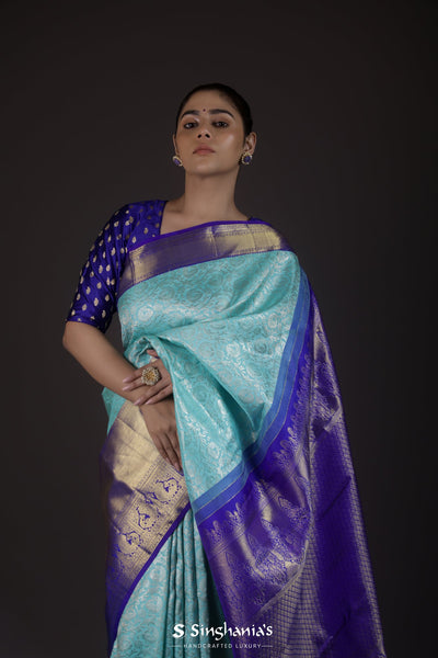 Buy Blue Zari Work Silk Saree With Blouse Online At Zeel Clothing