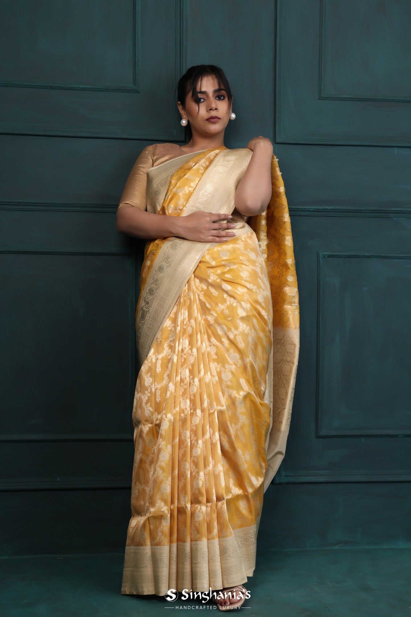 Gold Banarasi Silk Saree With Floral Jaal