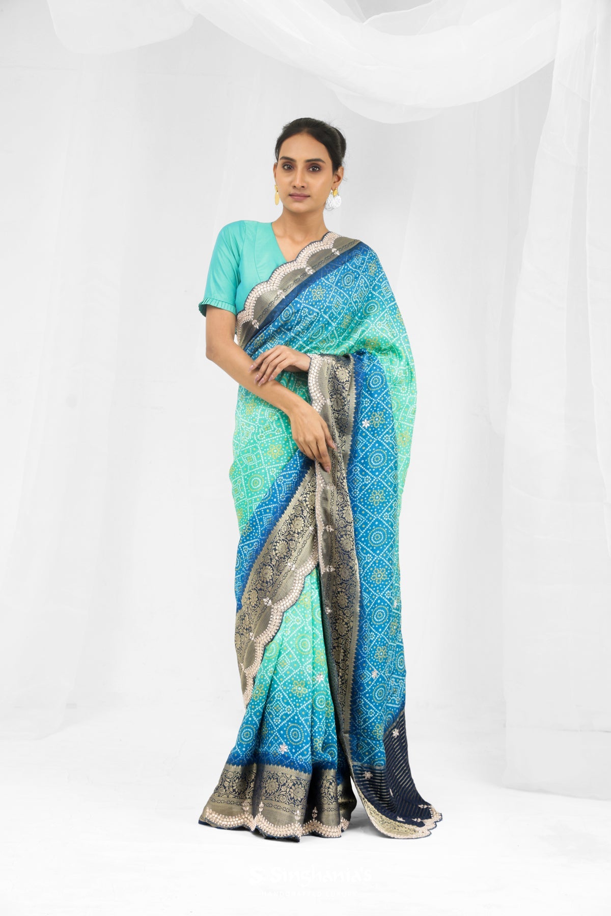 Aqua Blue Ombre Bandhani Silk Saree Embroidery