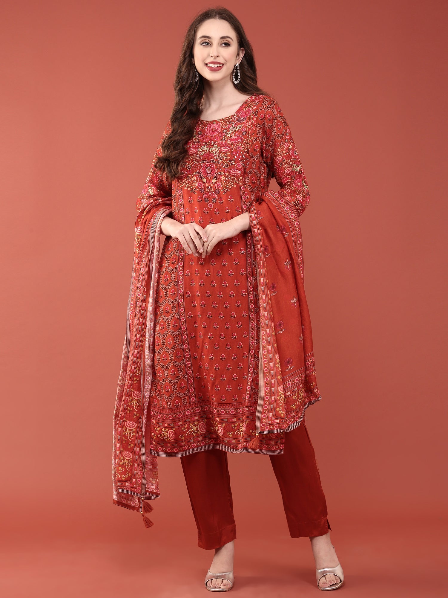 Blunt Orange Dola Silk Digital Print Three Piece Set