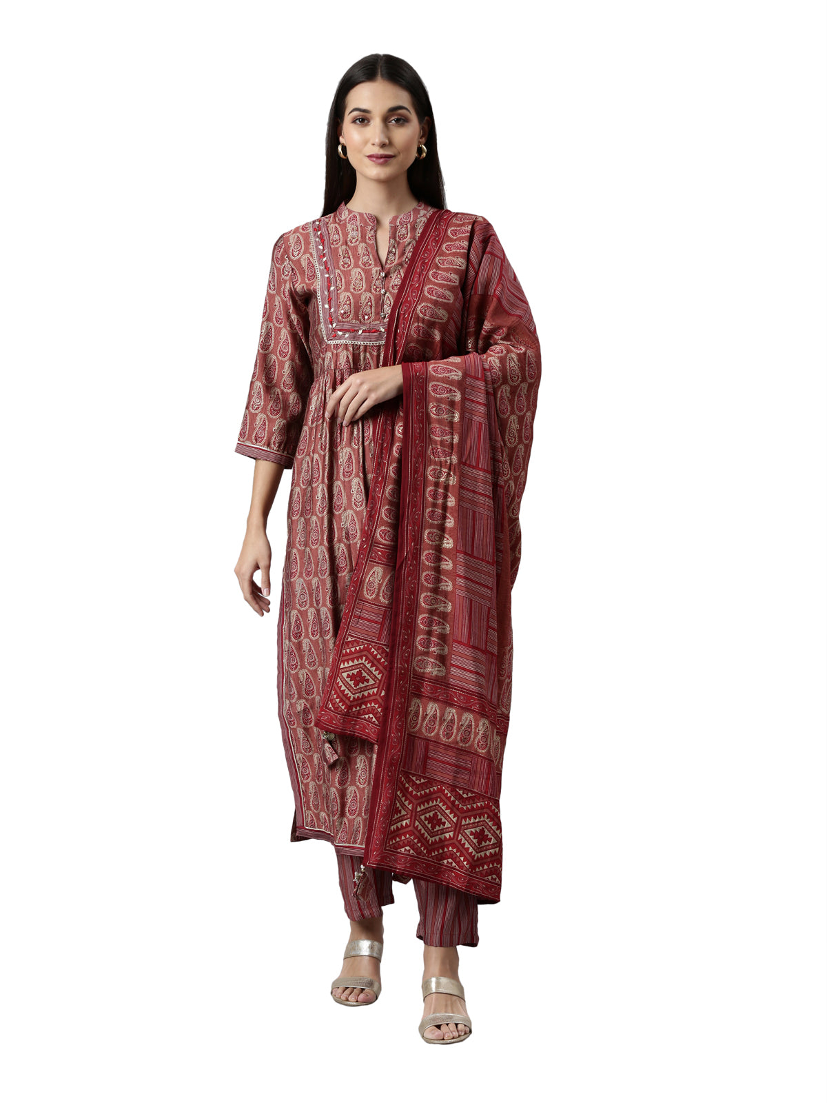 Neeru's Maroon Regular Calf Length Printed Kurta Printed Trousers With Dupatta