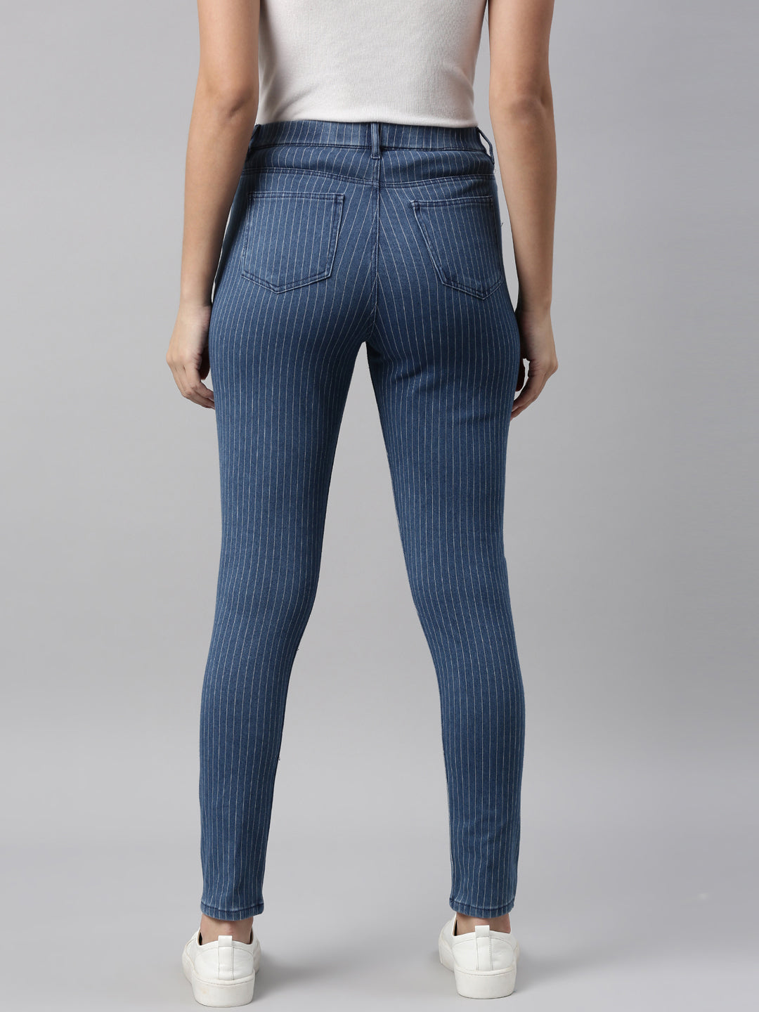 Women Dark Blue Striped Denim Jeggings – Cherrypick