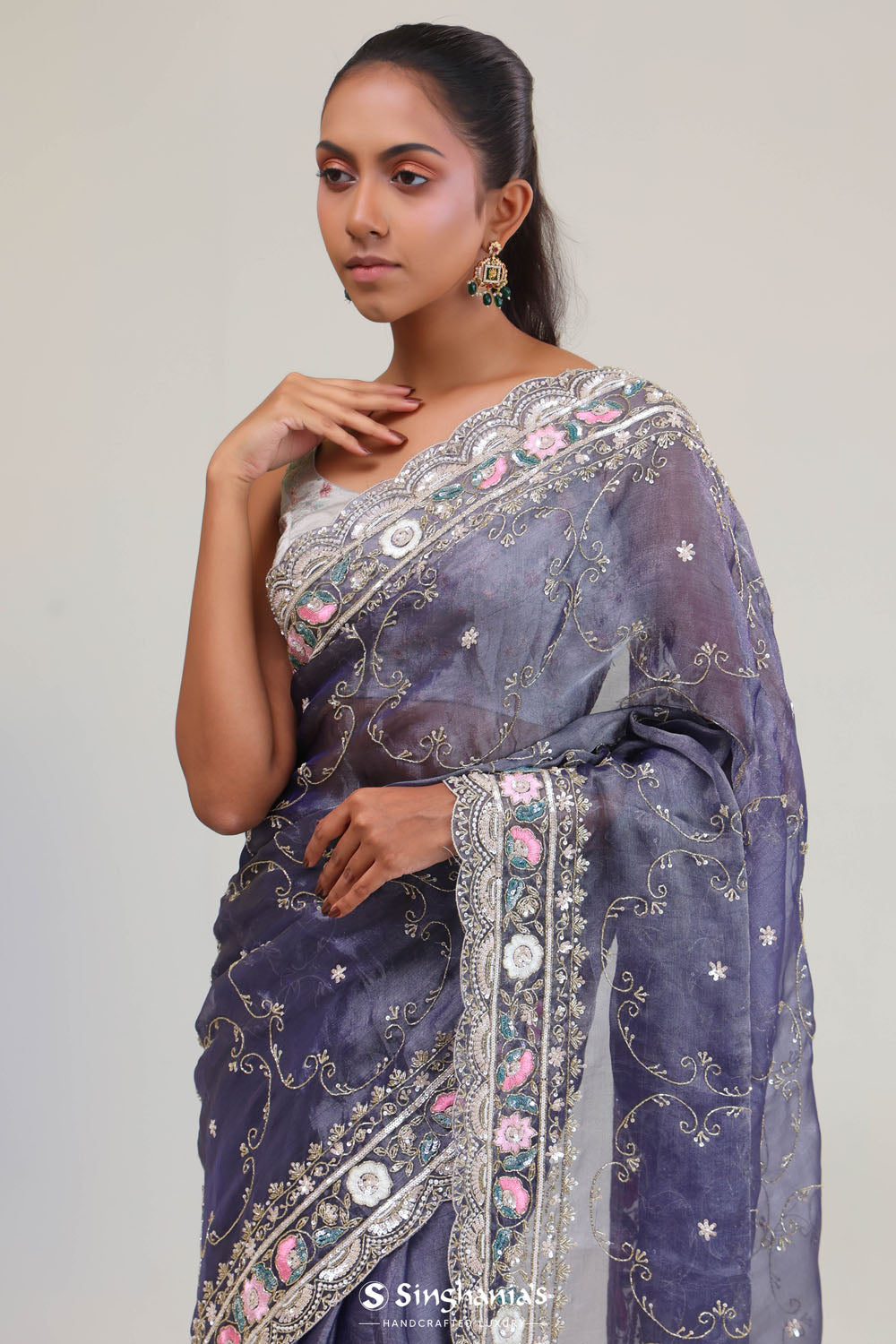 Independence Blue Crafted Jaali Tissue Saree