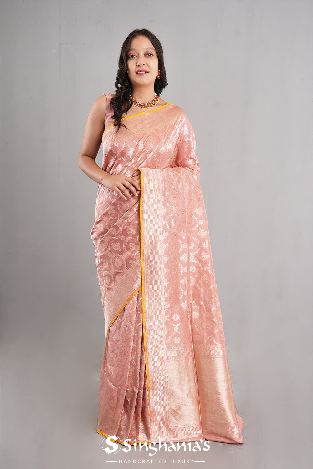Geranium Pink Banarasi Silk Jaal Saree