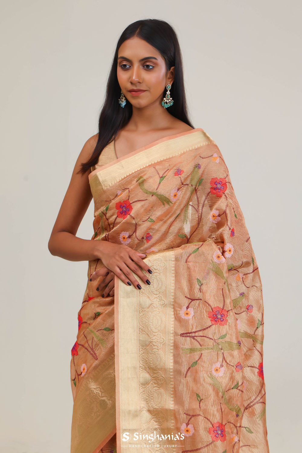 Fawn Gold Jaali Crafted Tissue Saree