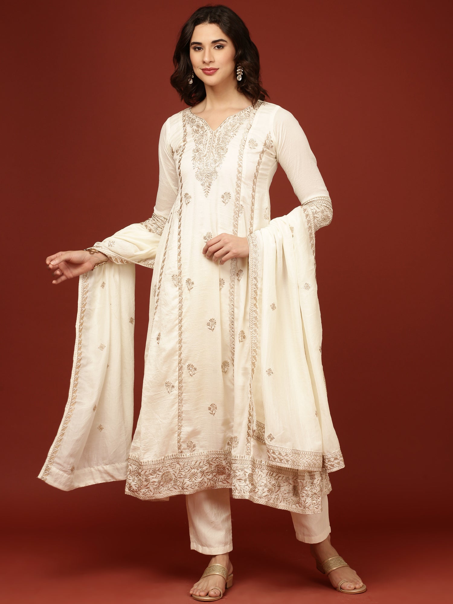 Cream Vichitra Silk Three Piece Set