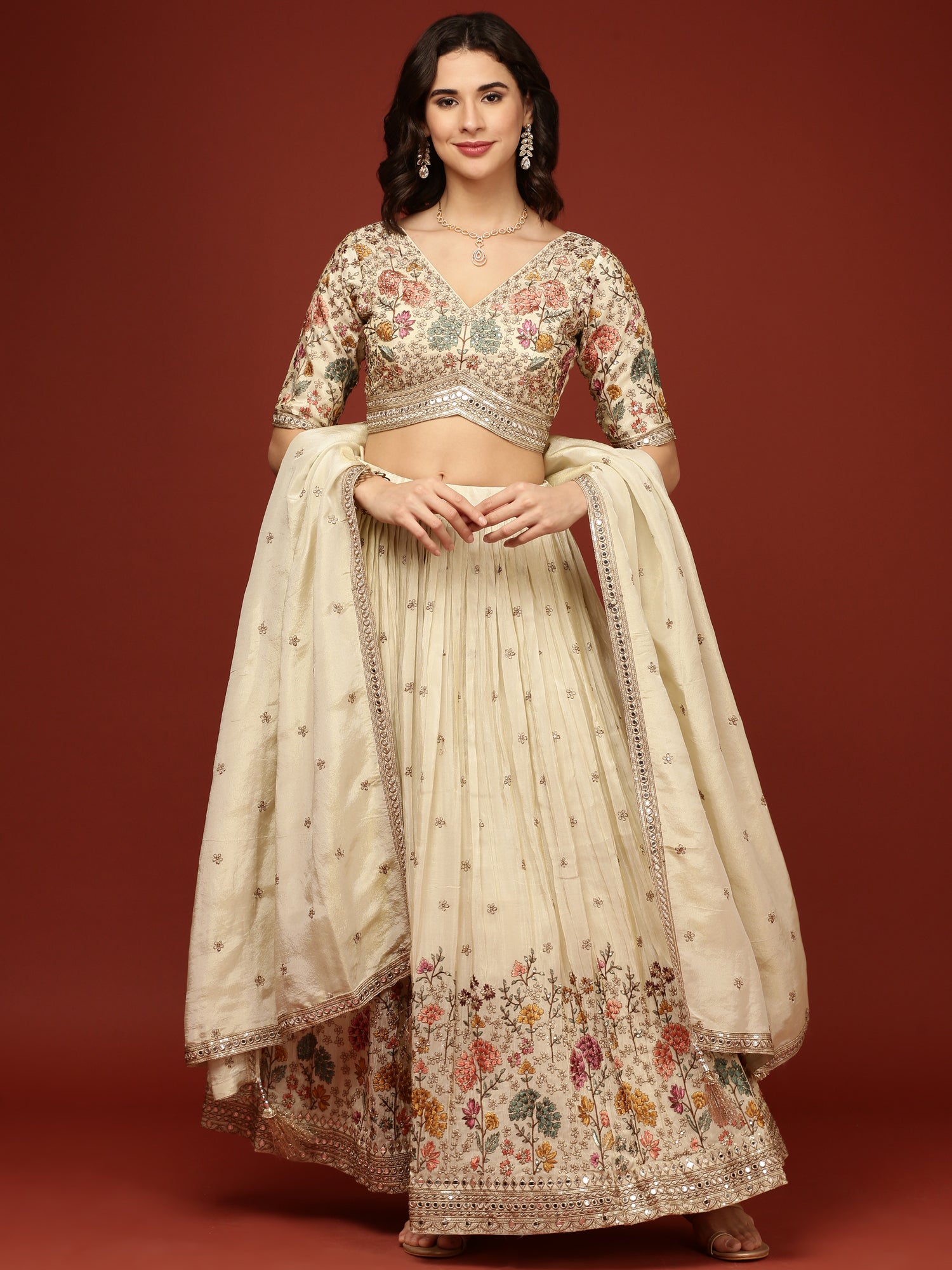 Beige Silk Floral Motifs Ghagra Set