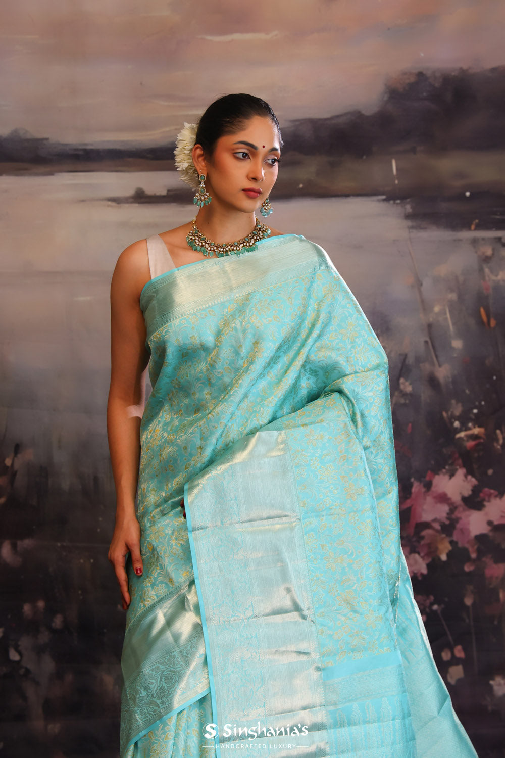 Cyan Blue Kanjivaram Silk Saree With Florals