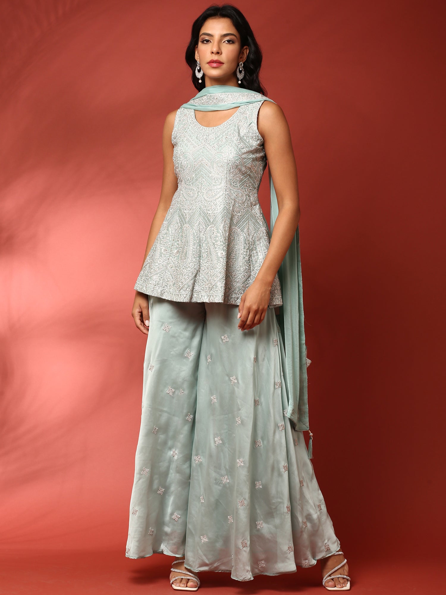 Aqua green hand embroidered three piece palazzo set