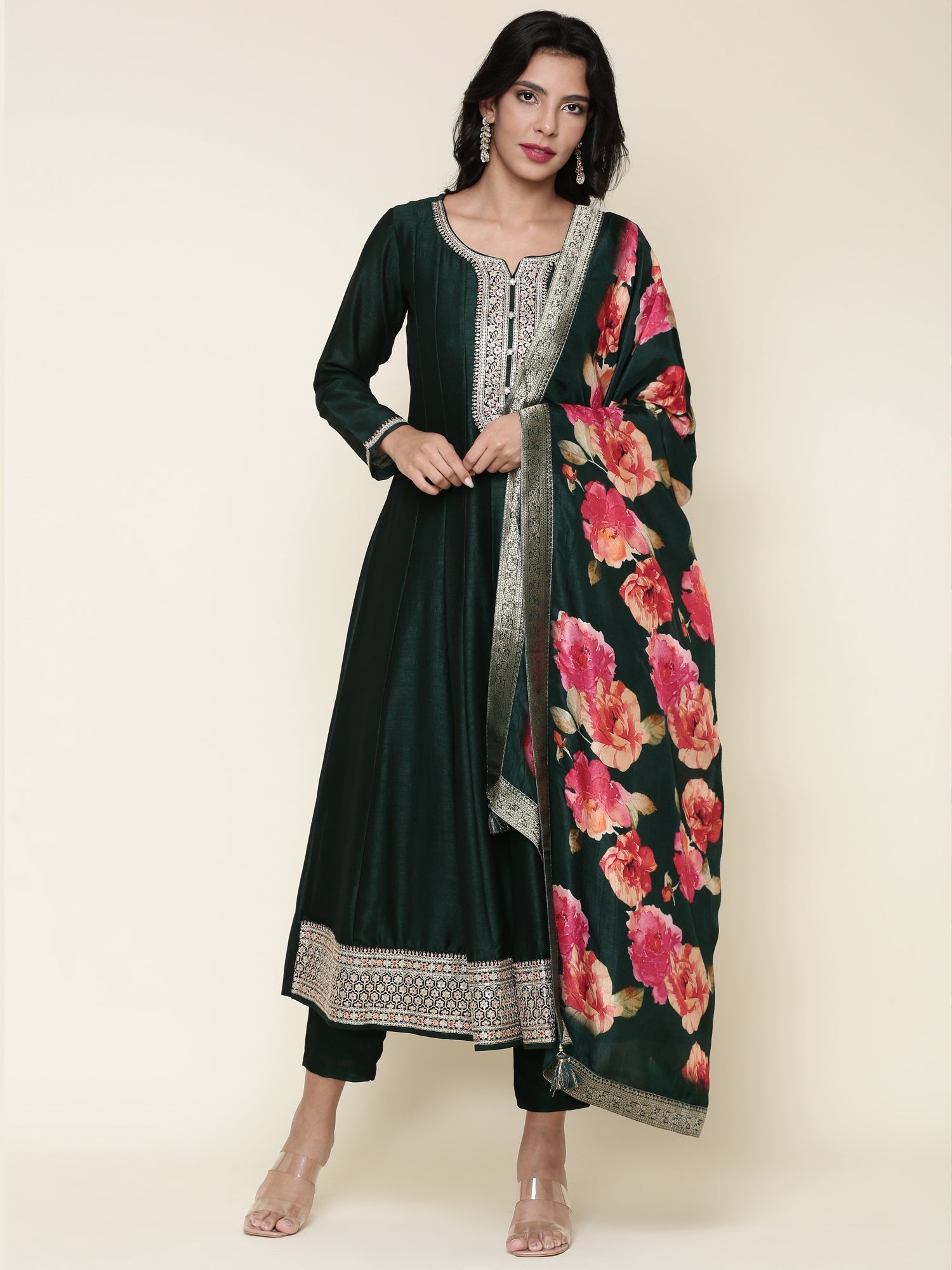 Bottle green silk anarkali embroidered three piece suit set