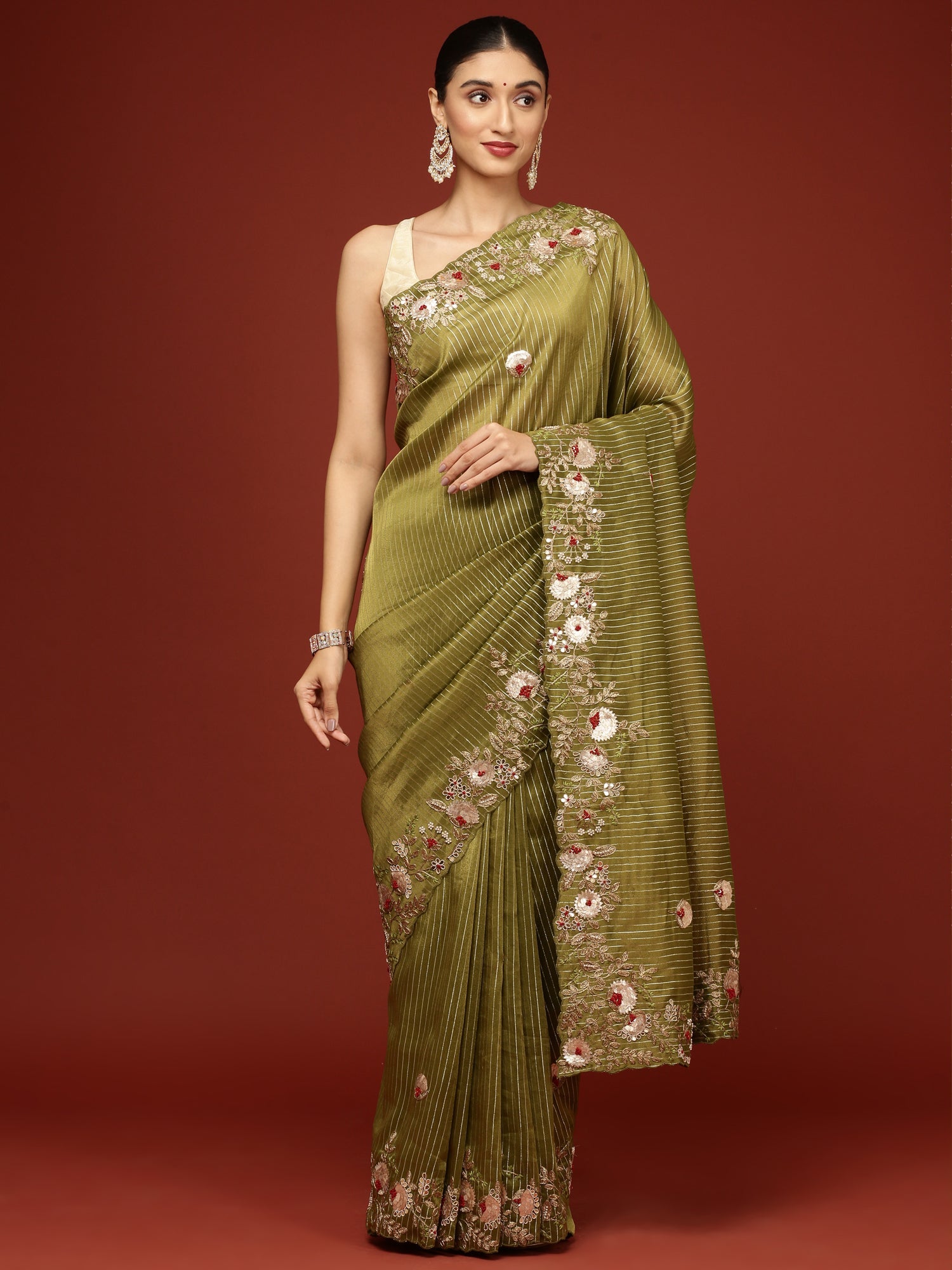 Mehandi Green Tissue Hand Embroidery Saree