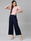 Women Solid Navy Mid Rise Ribbed Palazzos