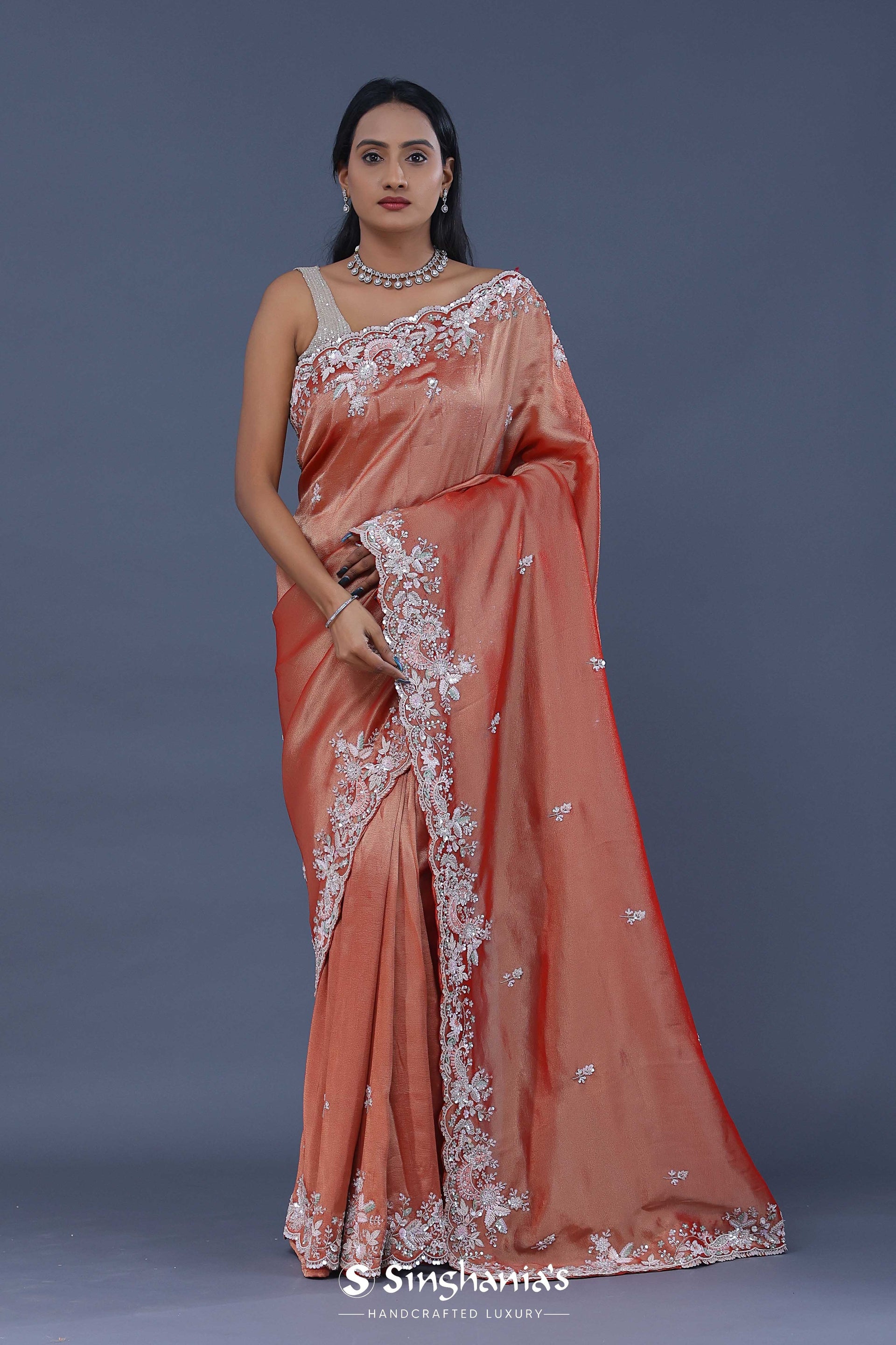 Chestnut Brown Tissue Saree With Scallop Border
