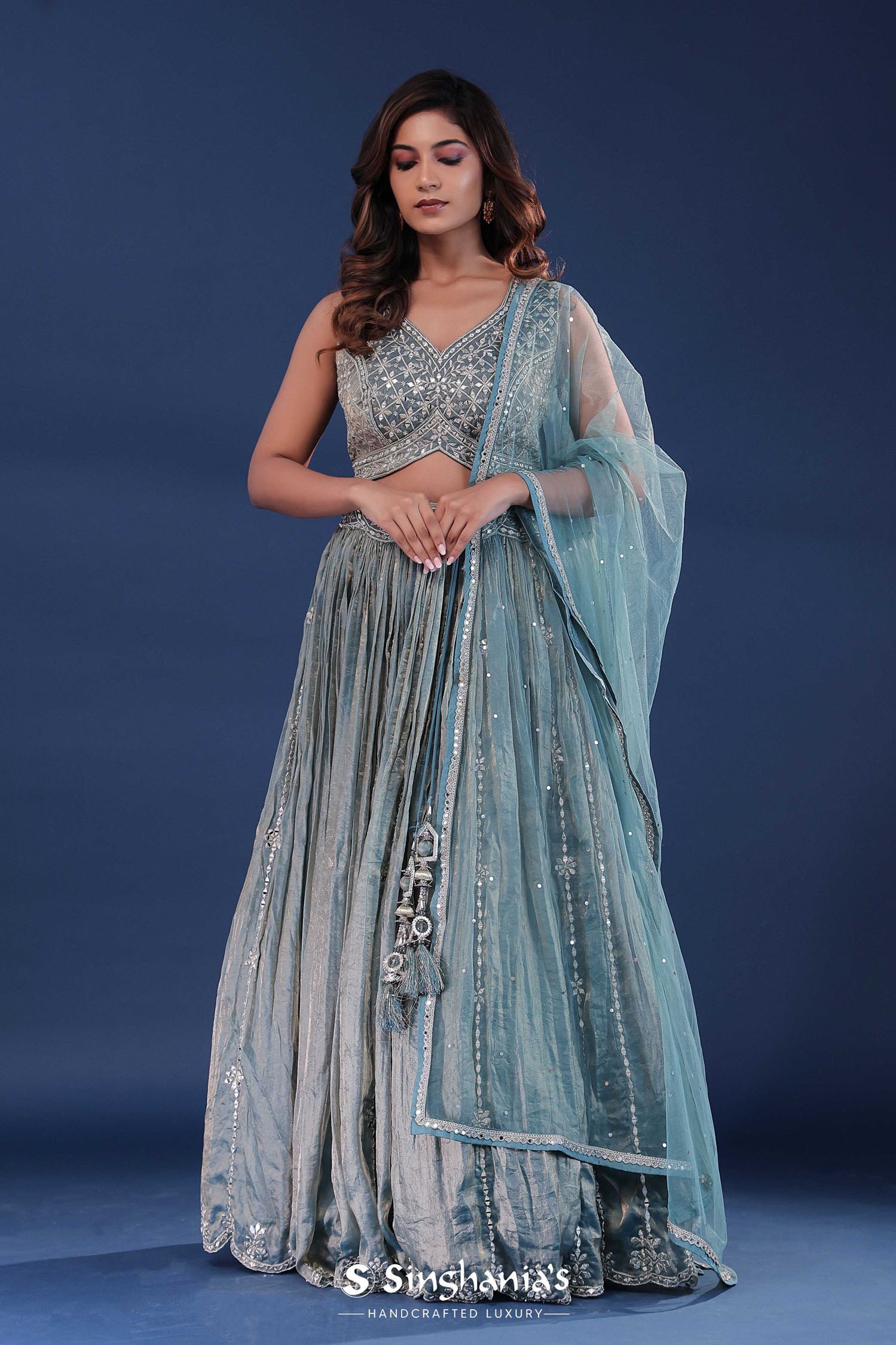 Baby Blue Organza Lehenga Set With Mirror Work