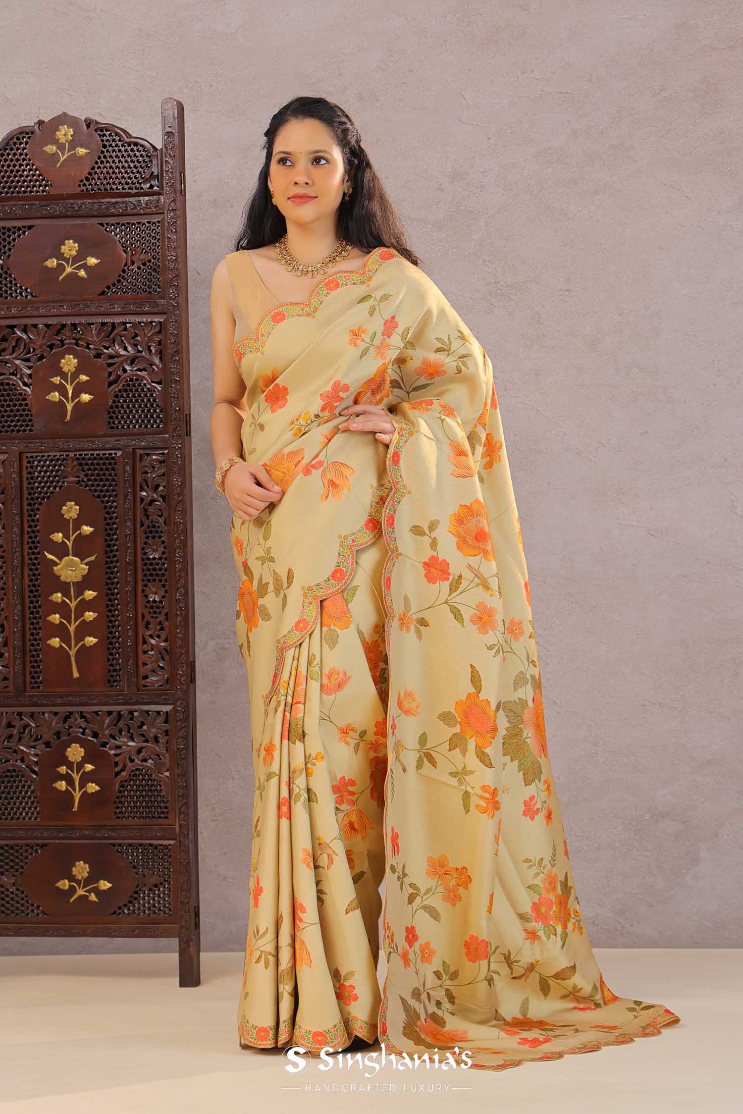 Buttercream Beige Banarasi Saree With Scallop Border