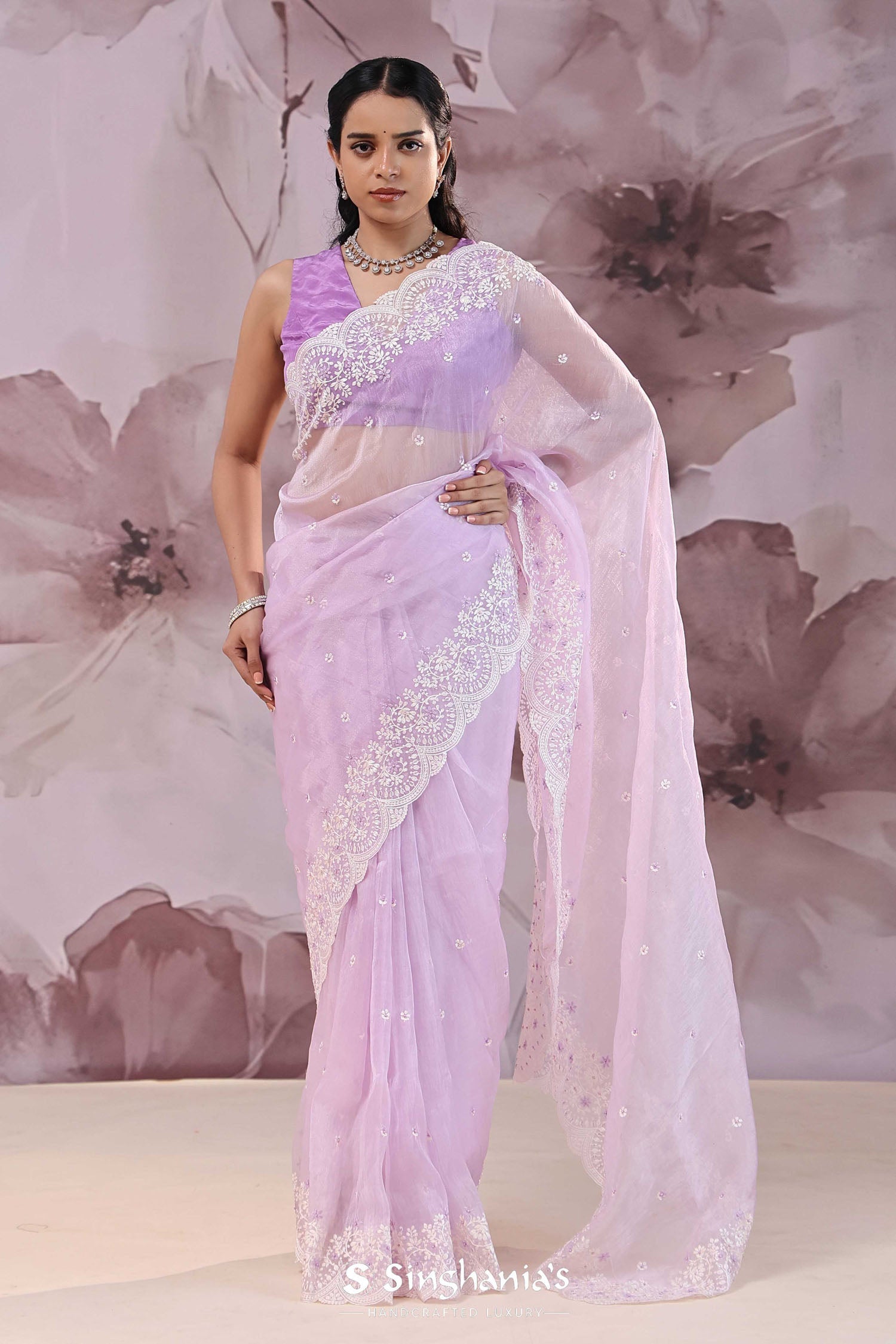 Bright Lavender Organza Saree With Scallop Border