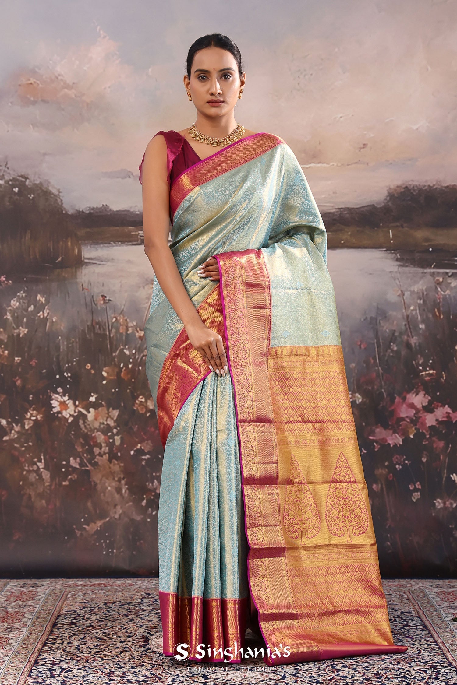 Cadet Gray Kanjivaram Tissue Saree With Contrast Border