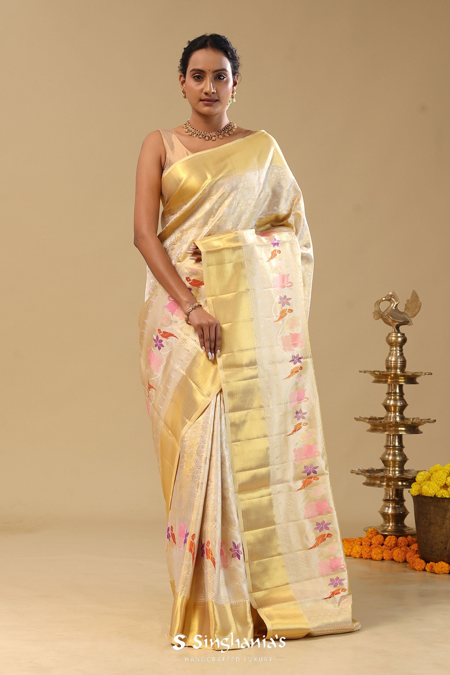 Beige Kanjivaram Tissue Saree With Meenakari Design