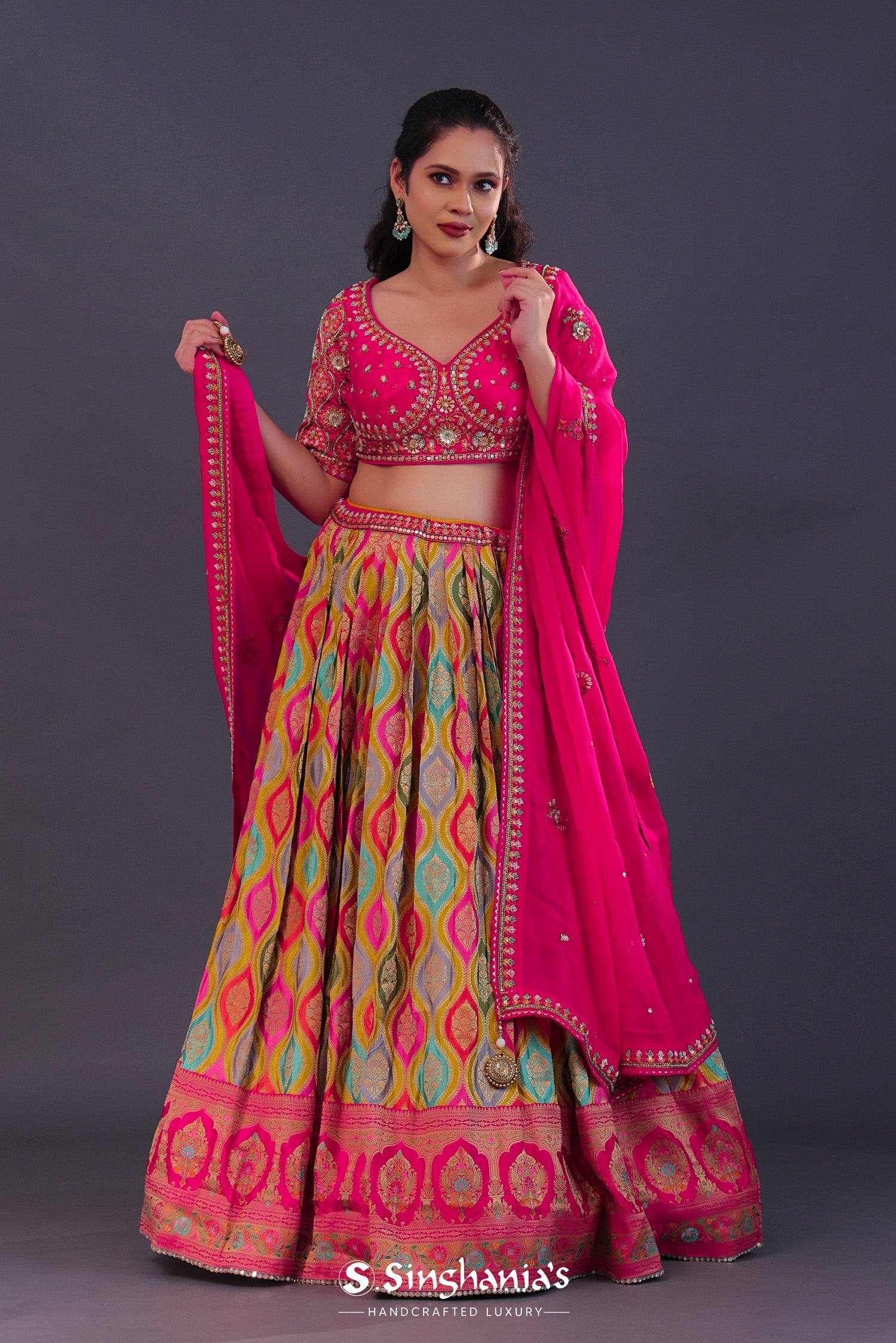 Bright Pink Chinon Silk Printed Lehenga Set