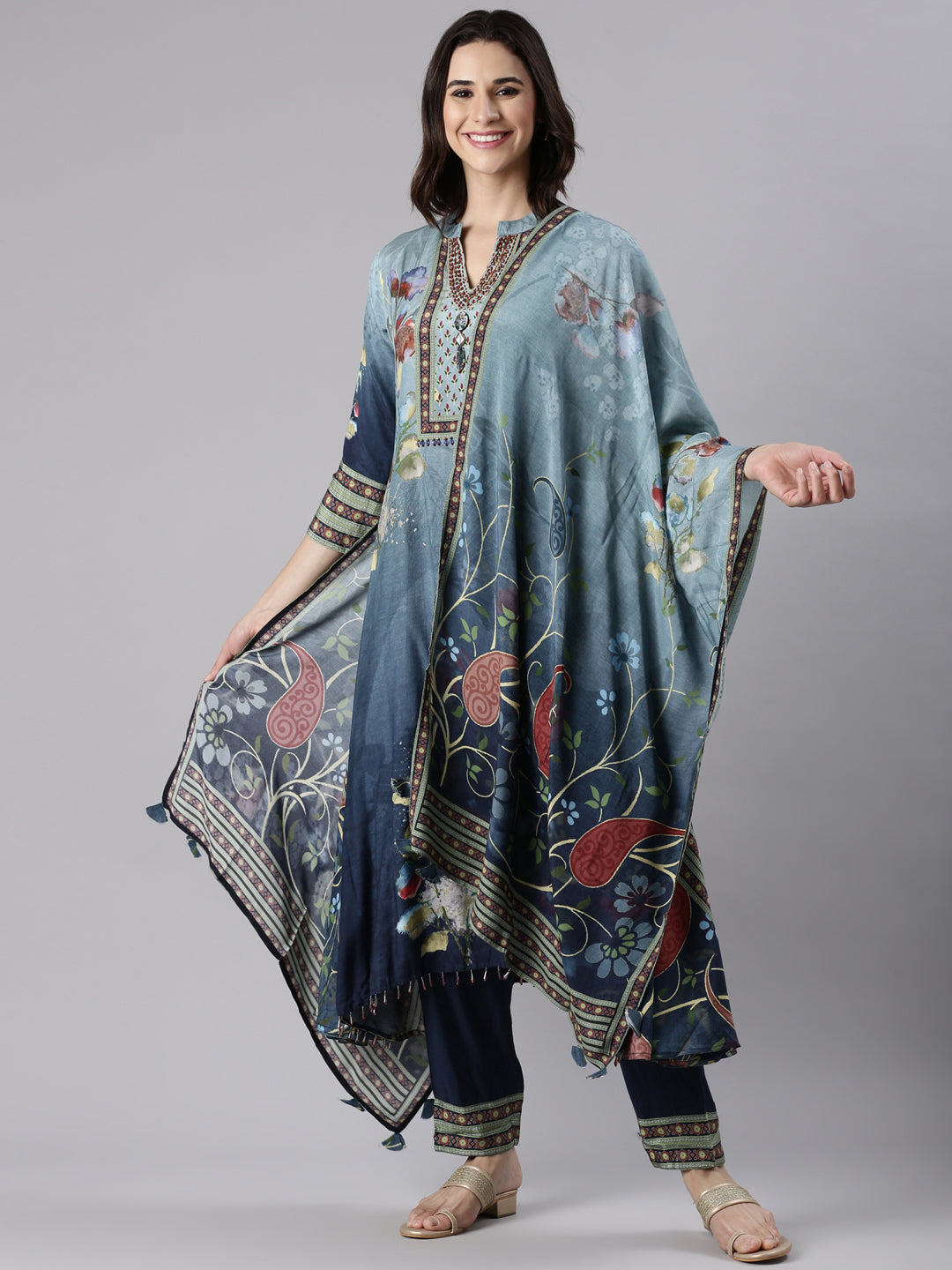 Blue Muslin Printed A-Line Three Piece Set