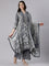 Grey Muslin Printed A-Line Three Piece Set