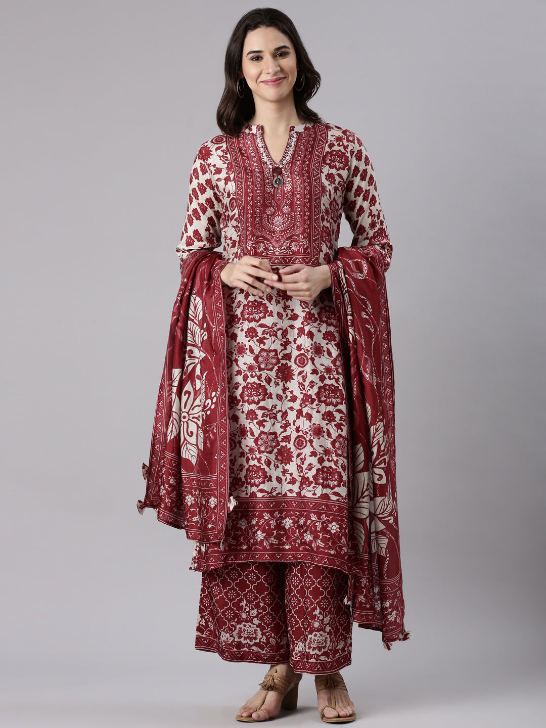 Maroon Muslin Printed Three Piece Set