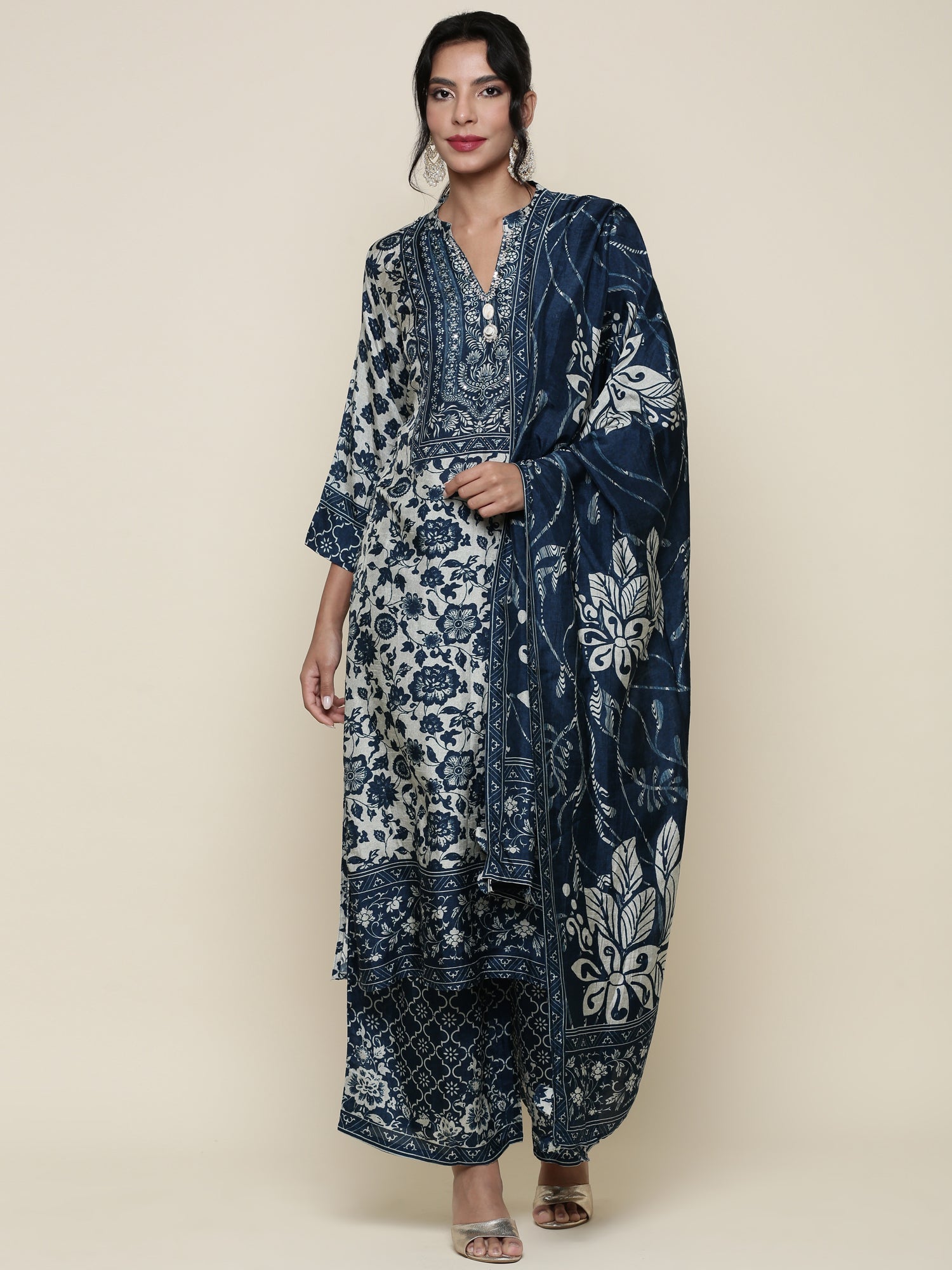 Indigo Muslin Digital printed Three piece suit set