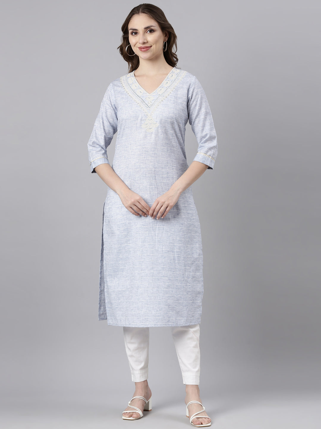Neerus Blue Regular Straight Checked Kurtas