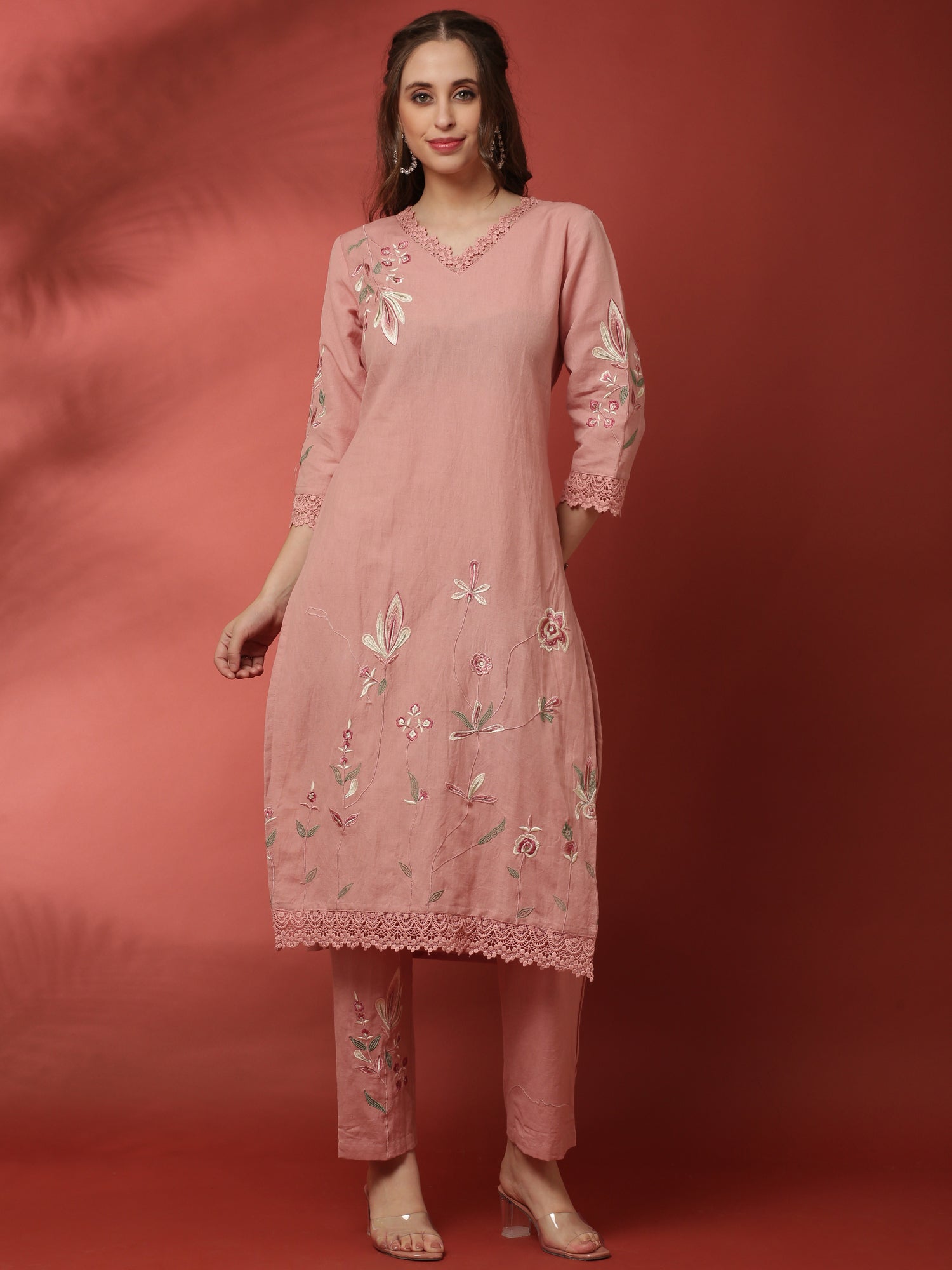 Light pink linen thread embroidery two piece suit set