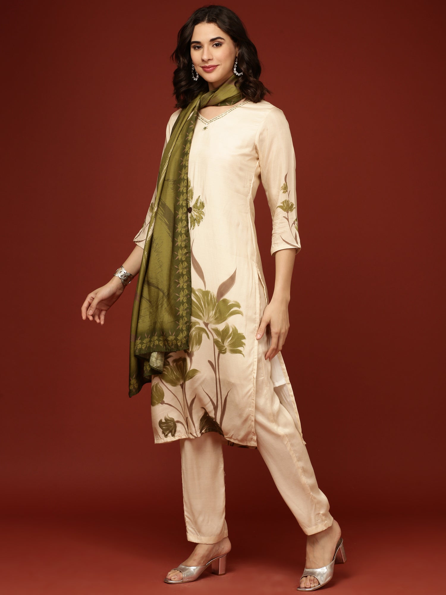 Cream Muslin Floral Printed Three Piece Set