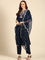 Midnight Blue thread work three piece crepe suit set with organza dupatta