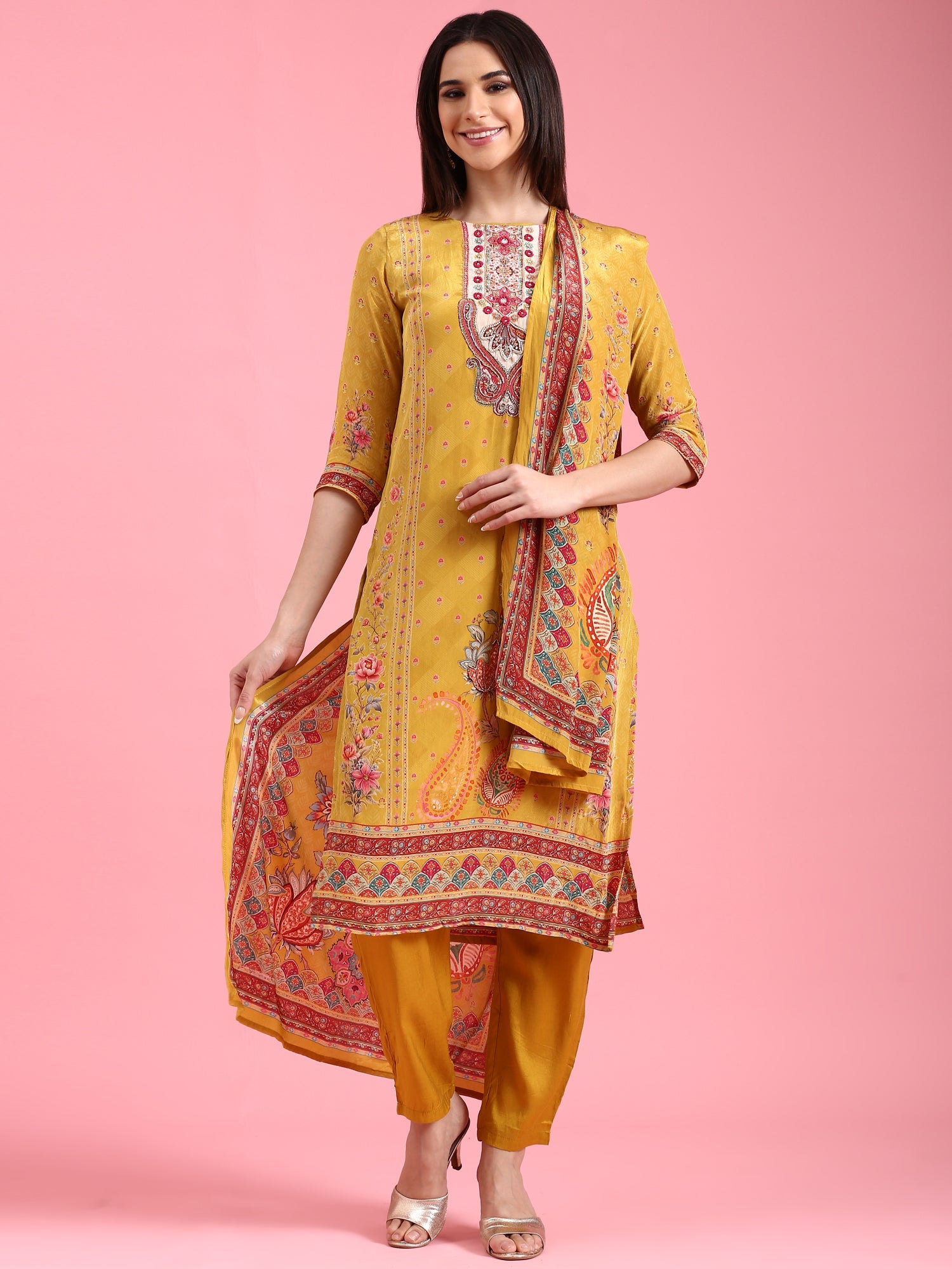 Mustard Crepe Printed Three Piece Suit Set