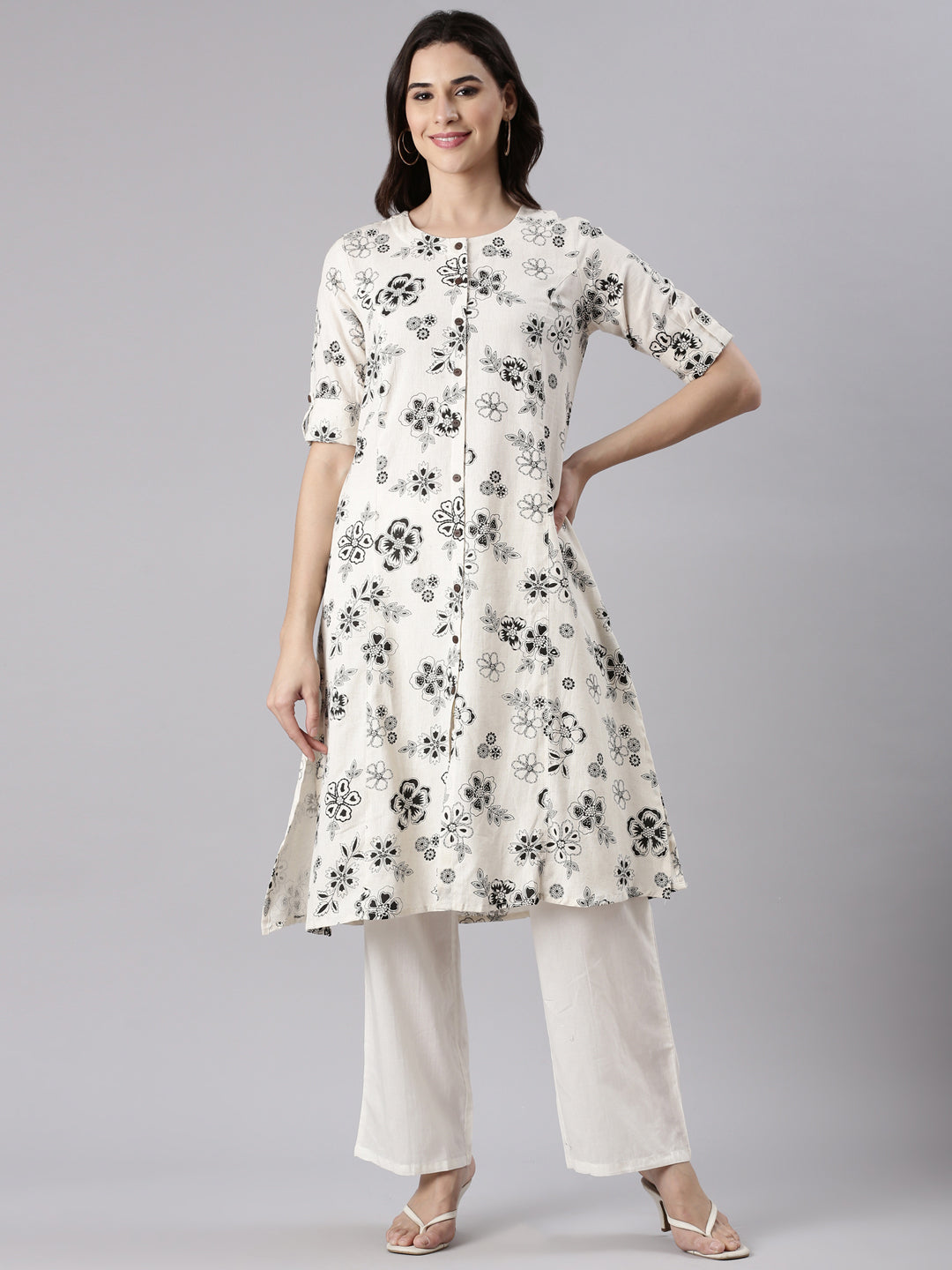 Cream Cotton Flex Printed Kurta
