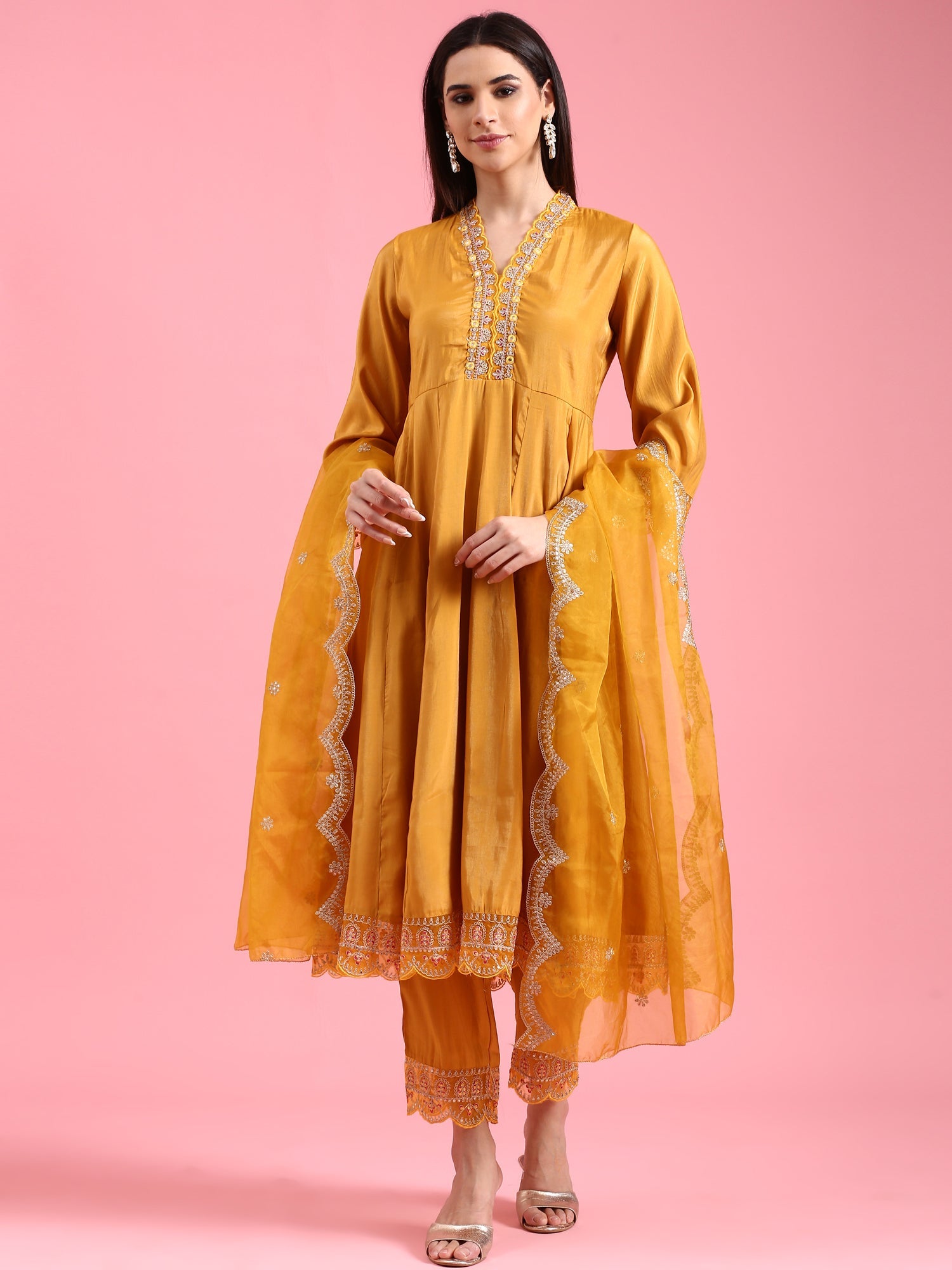 Mustard Vichithraa Silk Anarkali Three Piece Suit Set