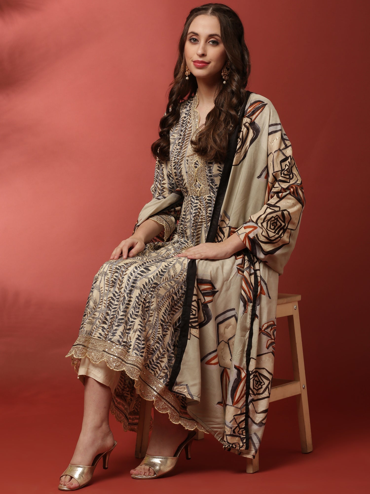 Cream and black printed gold zari embroiderey three suit set