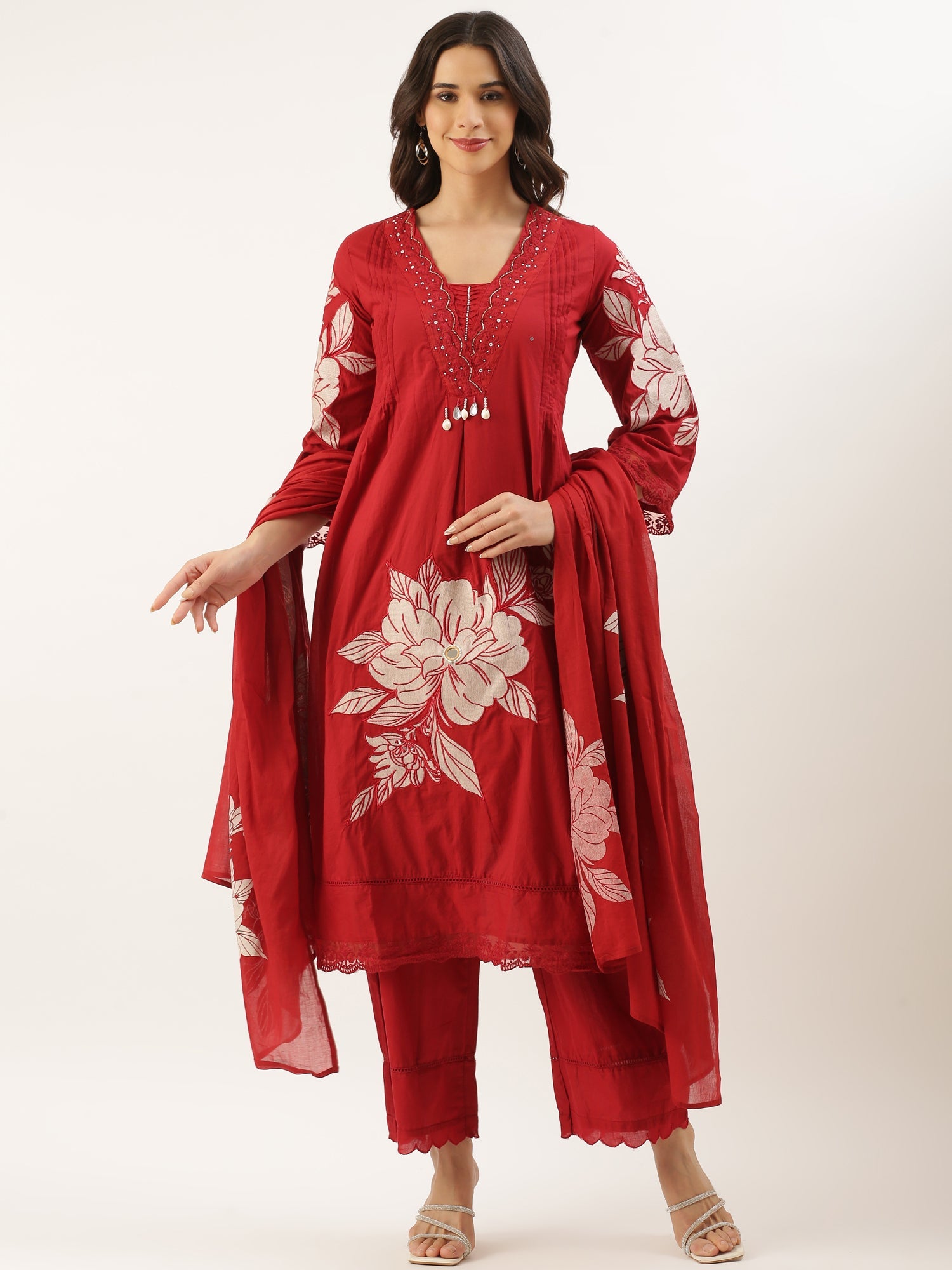 Maroon Cotton Print With Embroidery Three Piece Suit Set