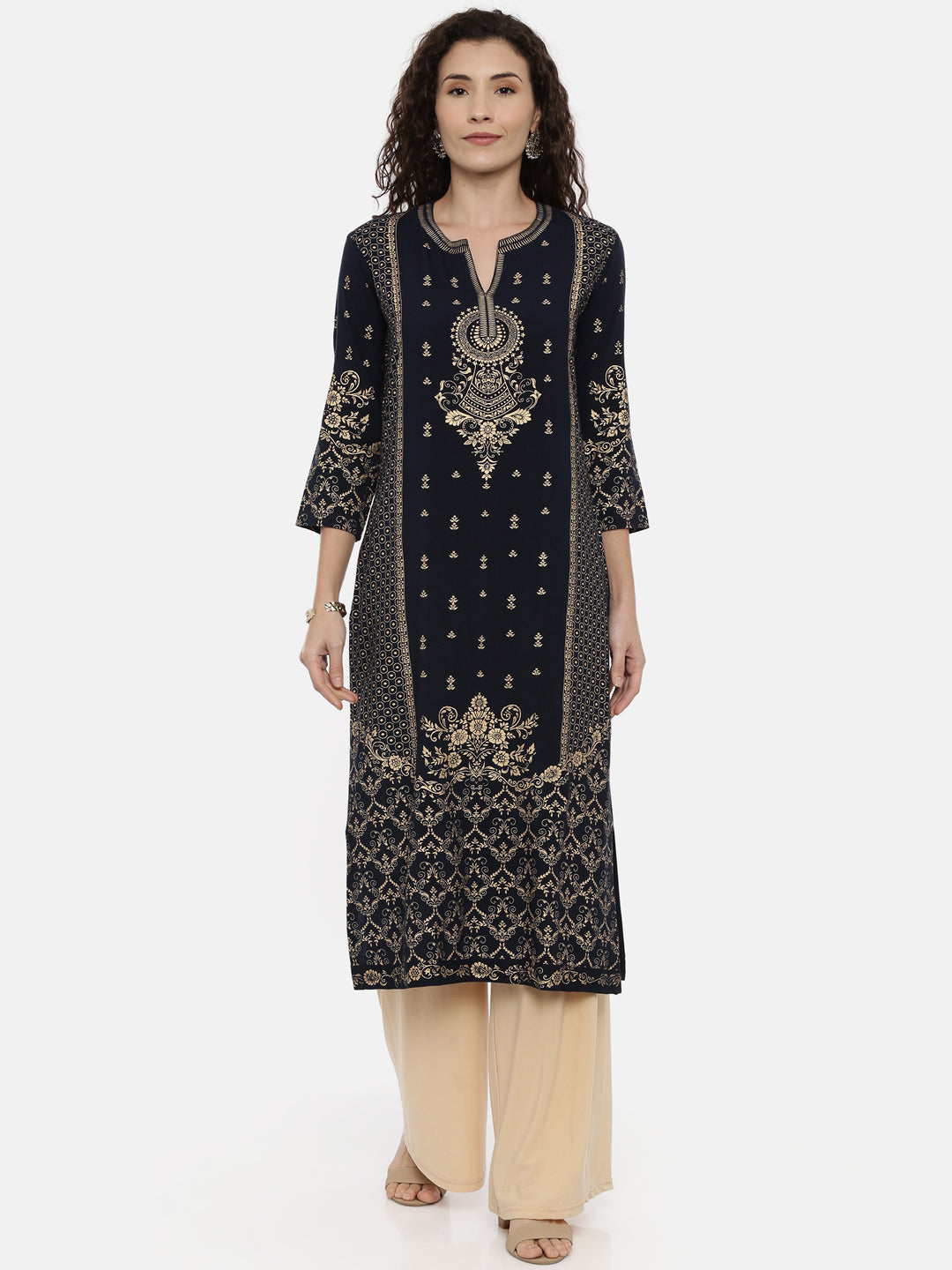 Neeru's Navy Printed Straight Kurta