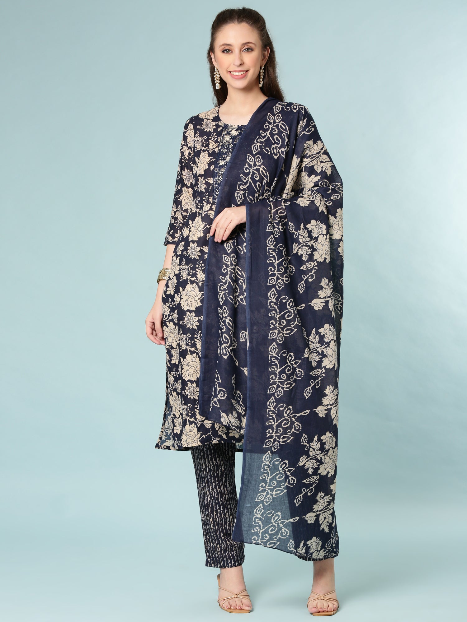 Indigo Blue Modal Silk Floral Digital Print Three Piece Set