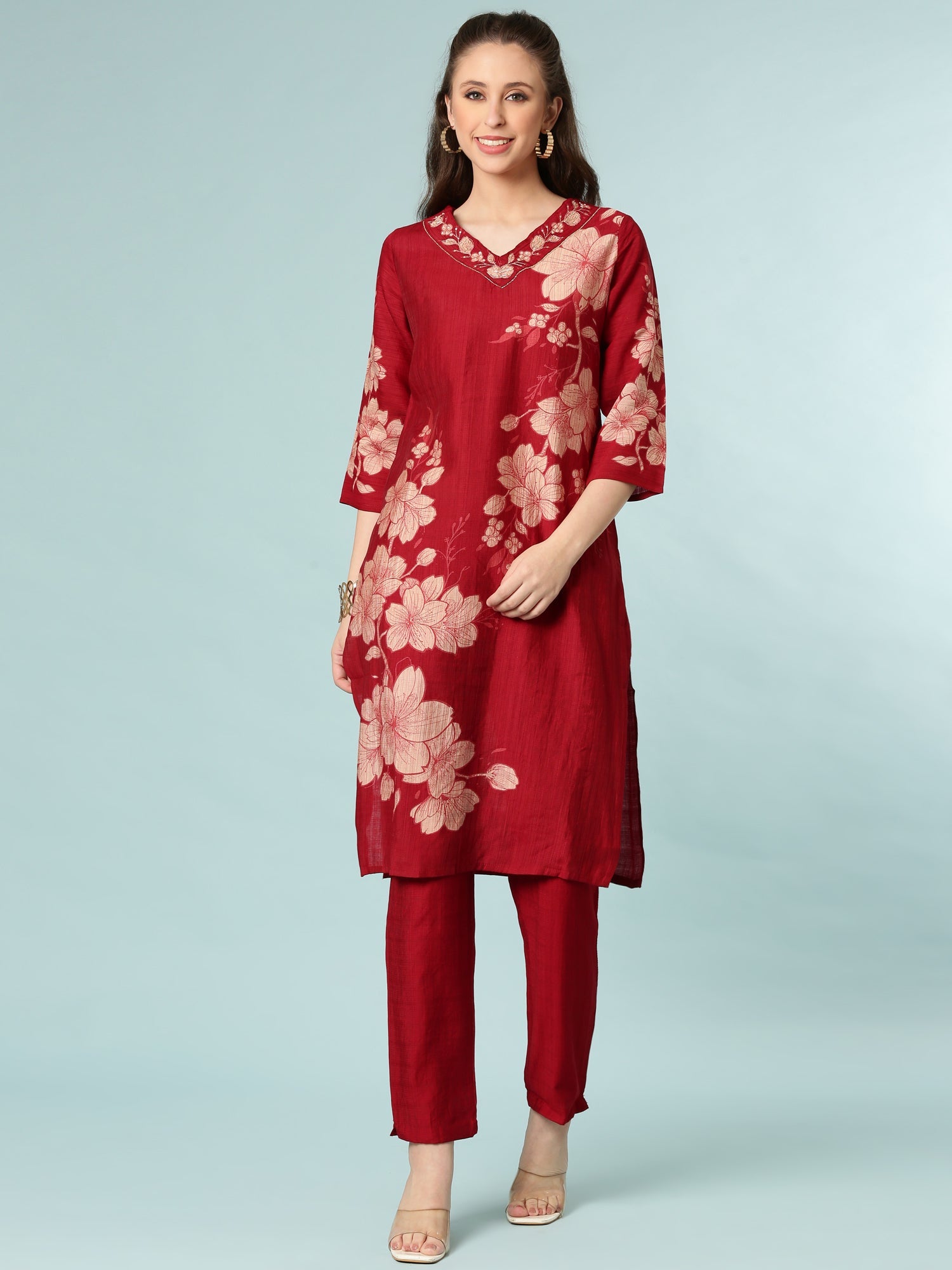 Maroon Viscose Rayon Floral Printed Two Piece Set