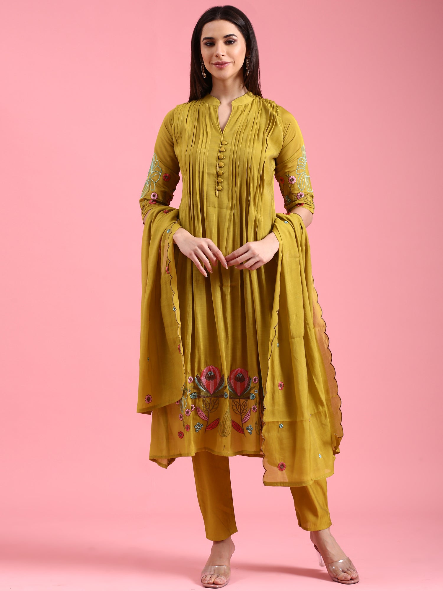 Green Chanderi Embroidery Aline Three Piece Suit Set