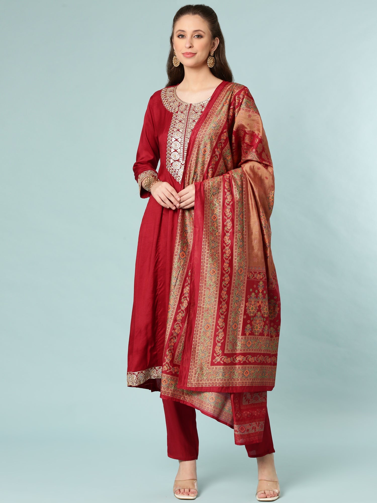 Maroon Dola Silk Three Piece Set