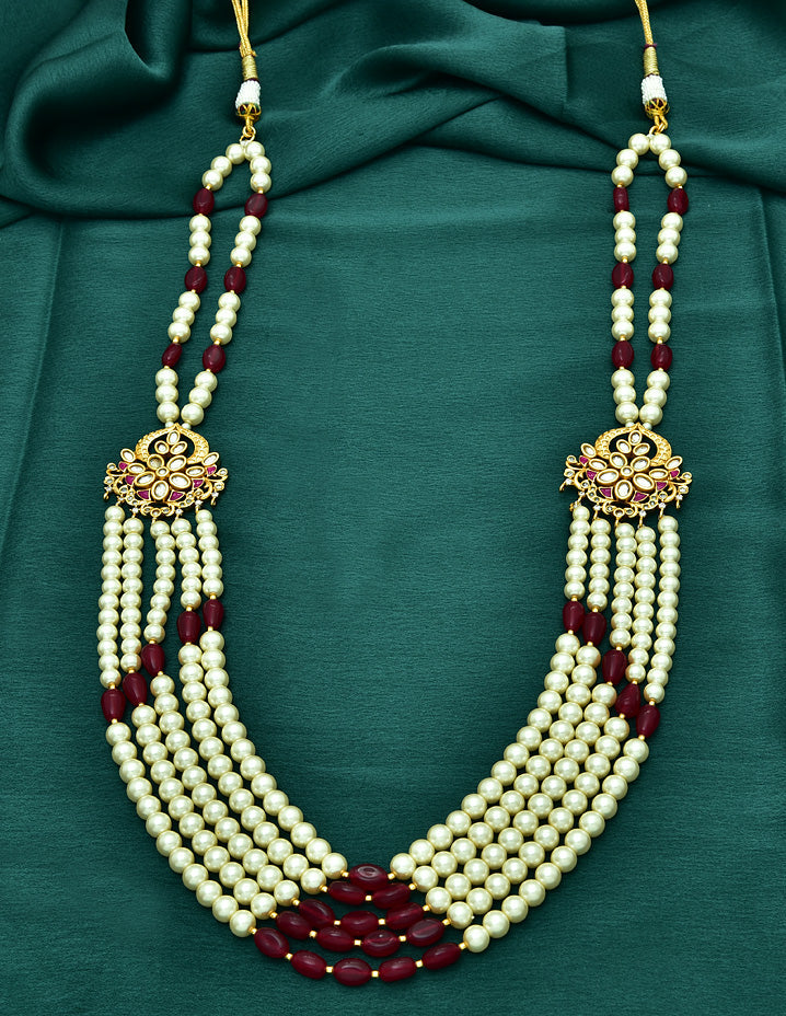 Multi-Line Pearl Beads Mala with Kundan Side Lockets