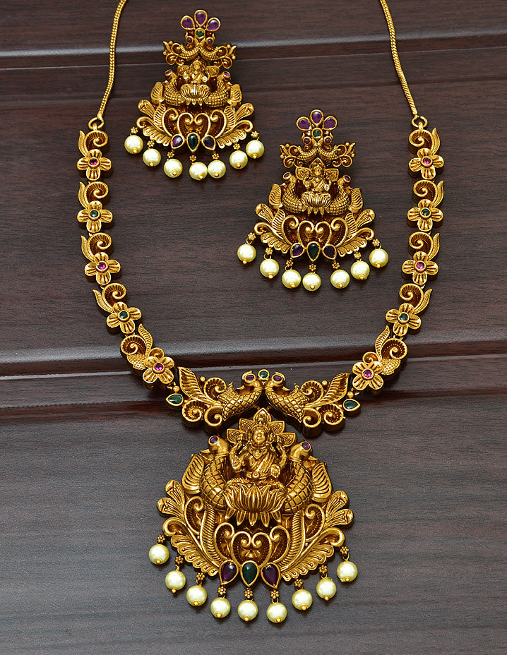 Designer Antique Lakshmi Devi Kempu Necklace Set