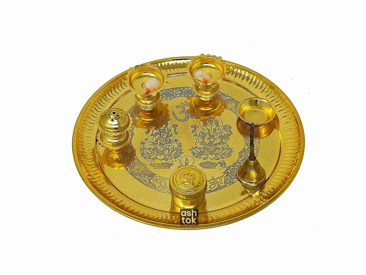 Brass Pooja Thali Set Gold, 10 inch Puja Thali,Prasad Bowl,Camphor
