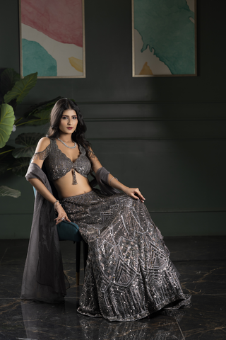 Net lehenga with Full Steal Grey Sequence Work on lehenga & Blouse