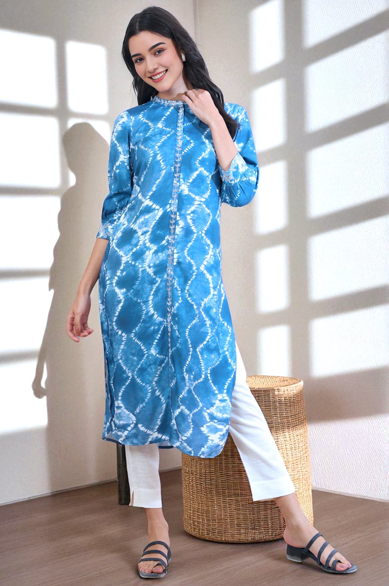 Blue Shibori Printed Dori Embroidered Rayon Twill Straight Kurta