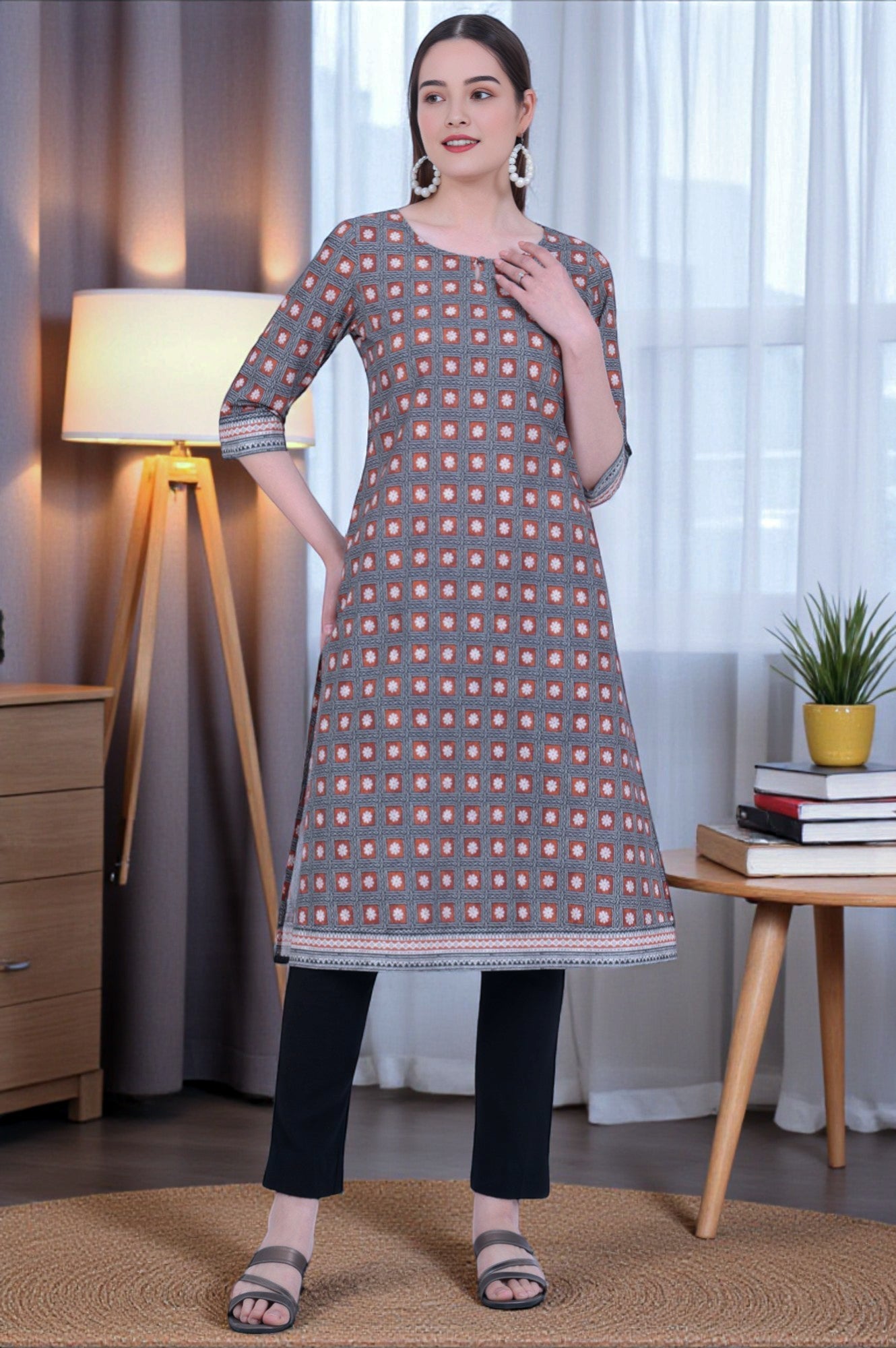 Brown Printed Straight Modal Kurta