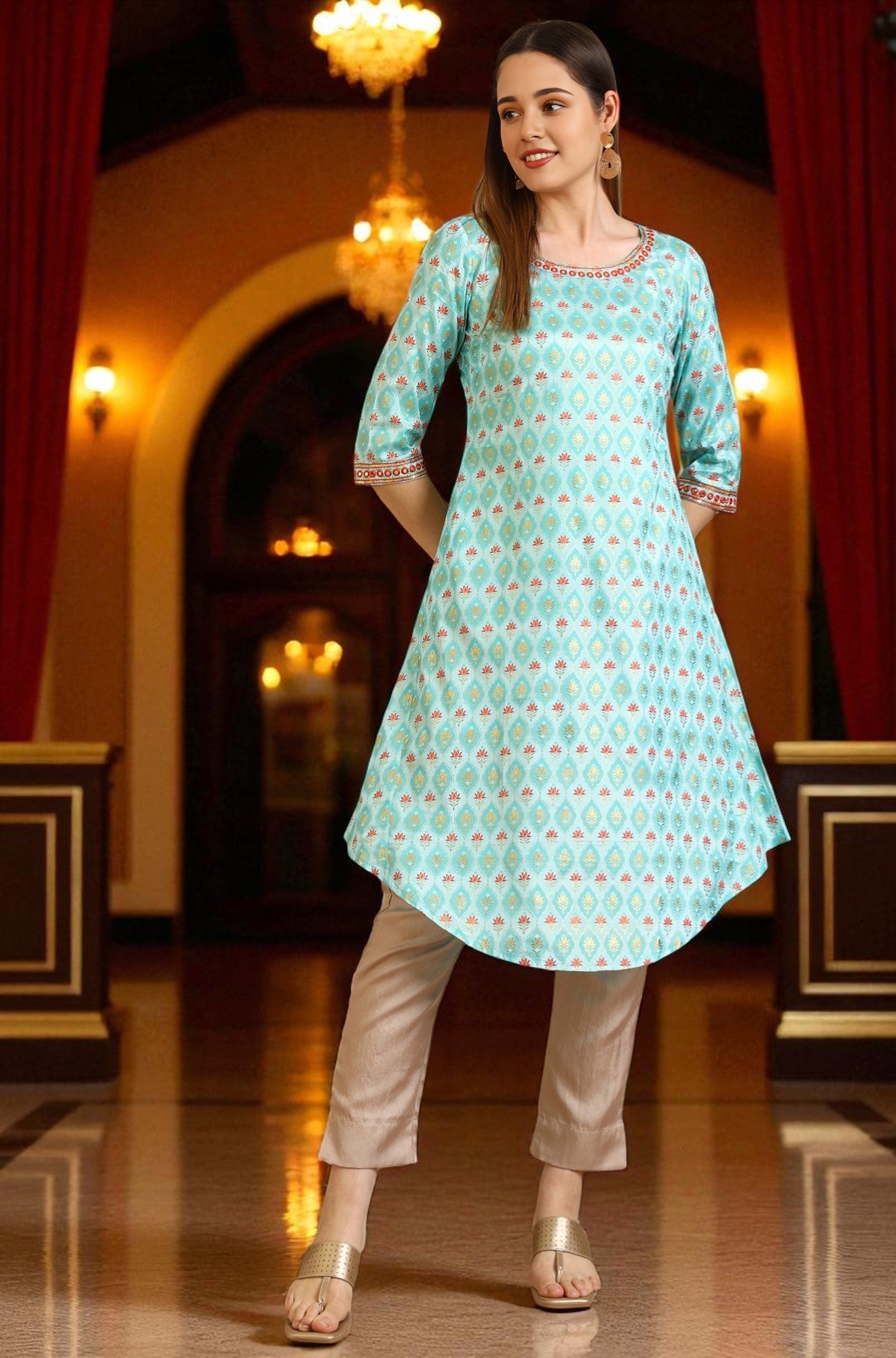 Blue Floral Printed Shantung A-line Kurta