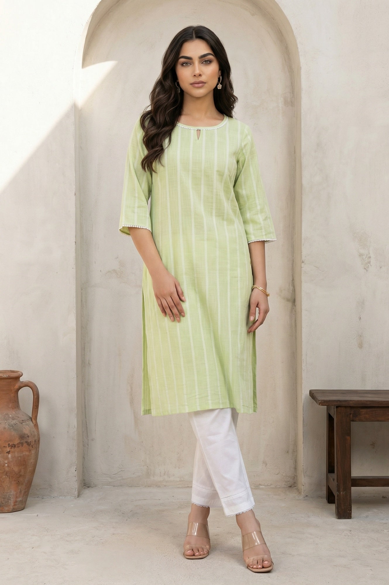 Lime Green Yarn Dyed Striped Lace Pure Cotton Straight Kurta
