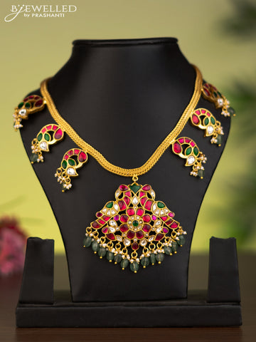 Antique attigai necklace peacock design with jadau kundan stones and natural beads & pearl hangings without earrings